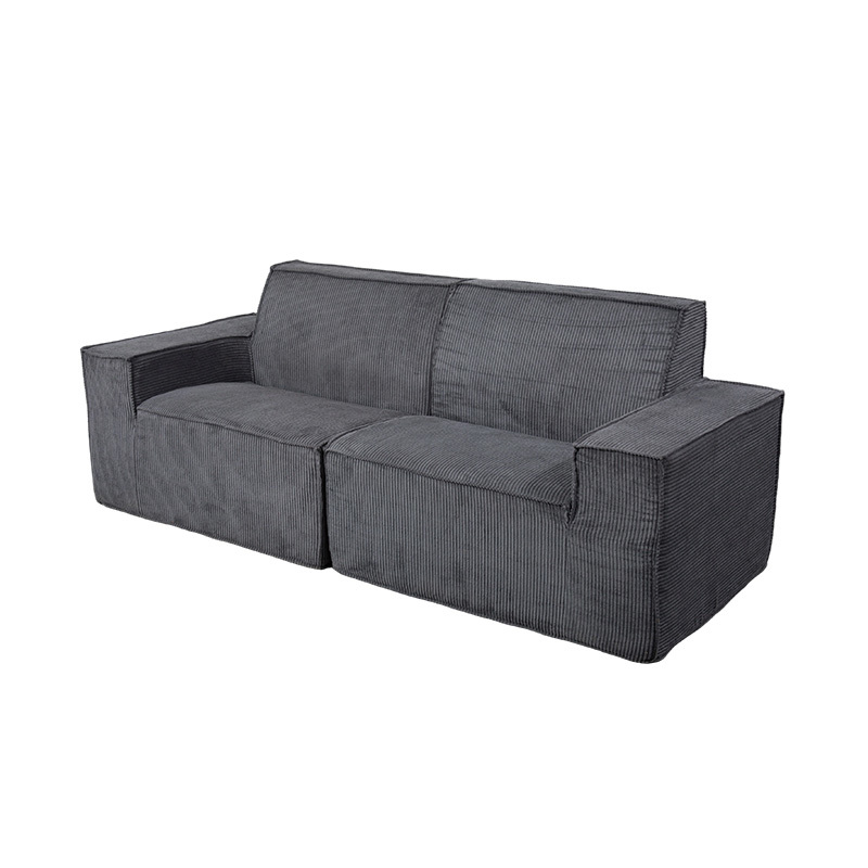 Podwójna sofa w bloku Tofu z ciemnoszarego sztruksu z szerokimi podłokietnikami Podwójna sofa w bloku Tofu z ciemnoszarego sztruksu z szerokimi podłokietnikami