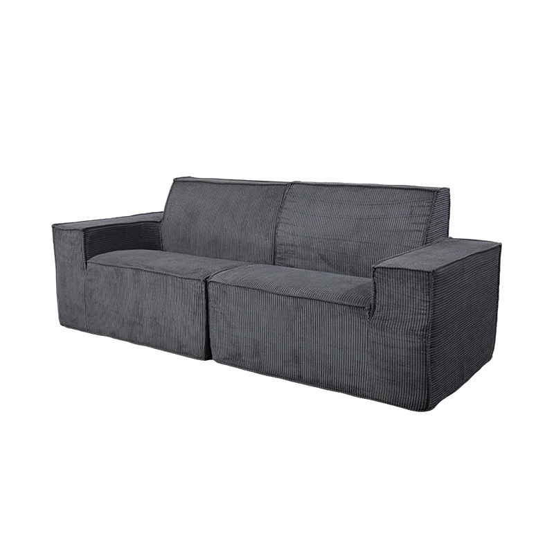 Podwójna sofa w bloku Tofu z ciemnoszarego sztruksu z szerokimi podłokietnikami Podwójna sofa w bloku Tofu z ciemnoszarego sztruksu z szerokimi podłokietnikami