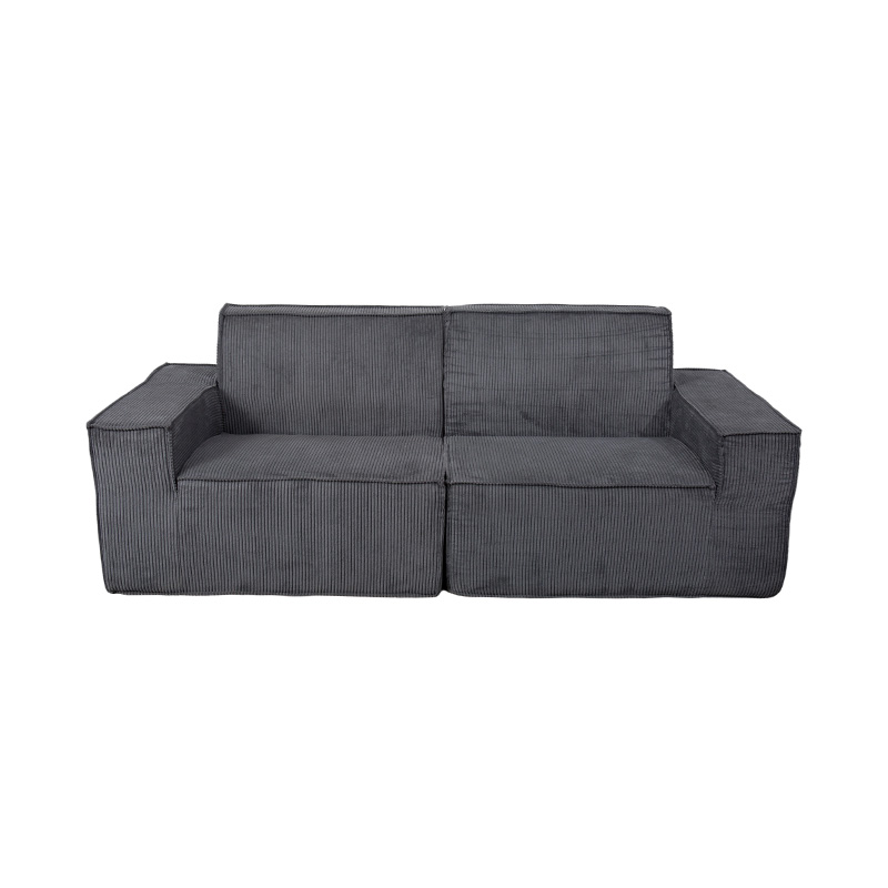Podwójna sofa w bloku Tofu z ciemnoszarego sztruksu z szerokimi podłokietnikami