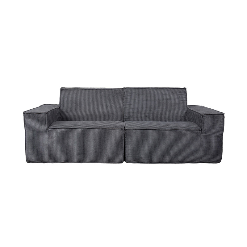 Podwójna sofa w bloku Tofu z ciemnoszarego sztruksu z szerokimi podłokietnikami Podwójna sofa w bloku Tofu z ciemnoszarego sztruksu z szerokimi podłokietnikami