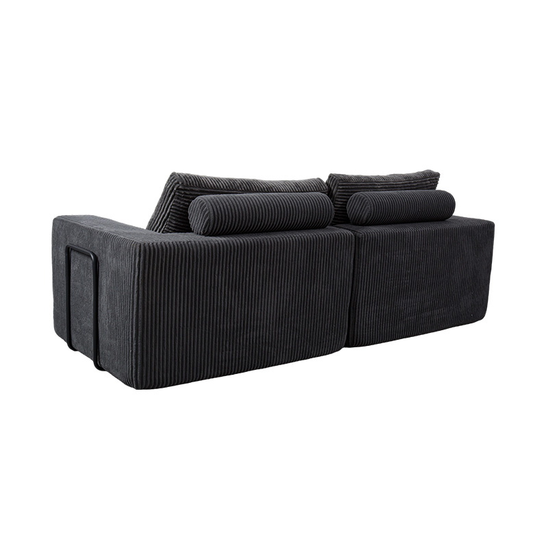 Nowoczesna rozkładana sofa z ciemnoszarego sztruksu z poduszkami, elastyczny układ modułowy