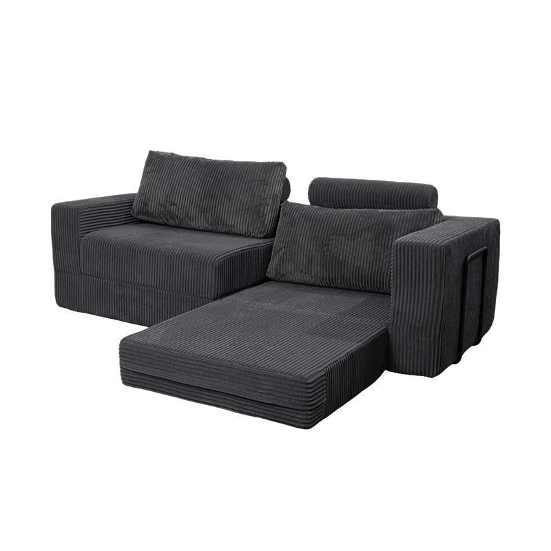 Nowoczesna rozkładana sofa z ciemnoszarego sztruksu z poduszkami, elastyczny układ modułowy
