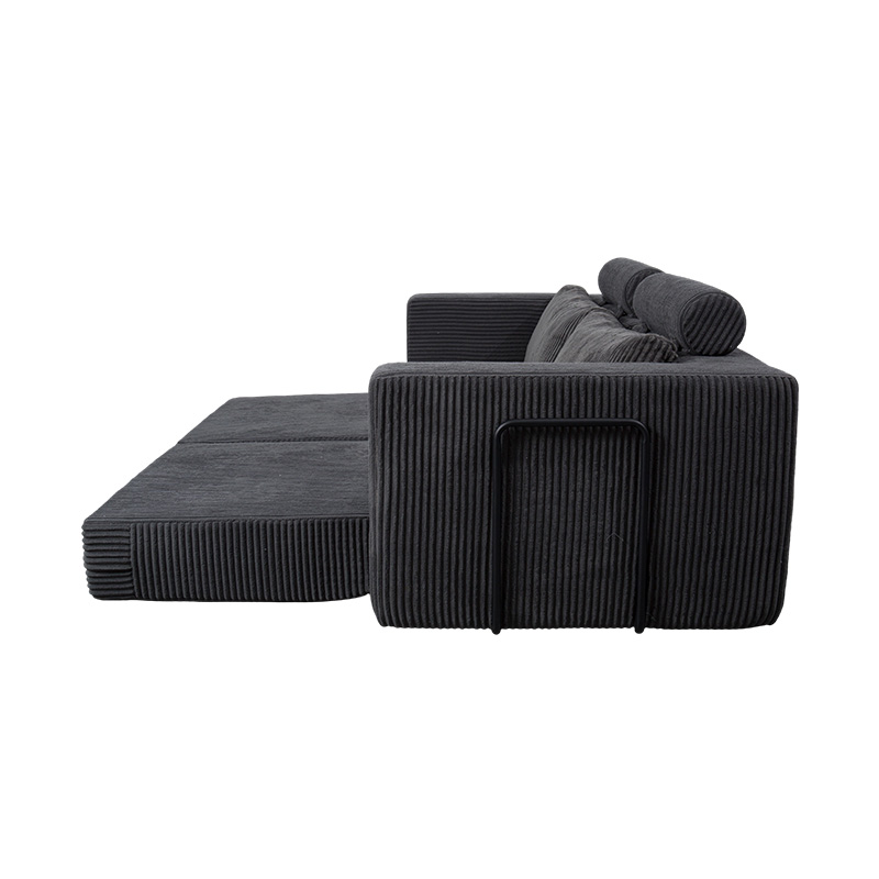 Nowoczesna rozkładana sofa z ciemnoszarego sztruksu z poduszkami, elastyczny układ modułowy