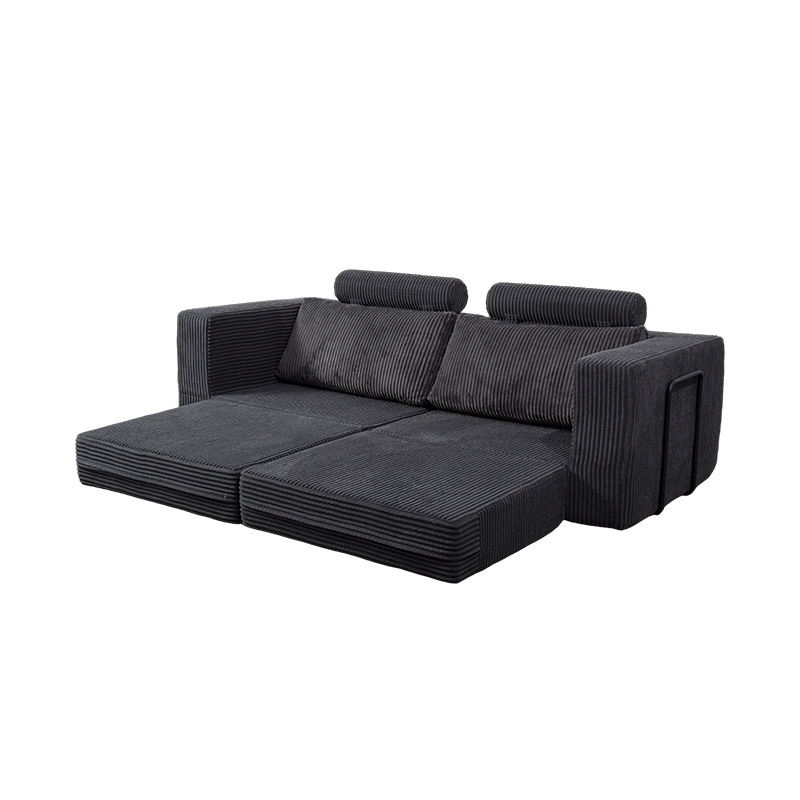 Nowoczesna rozkładana sofa z ciemnoszarego sztruksu z poduszkami, elastyczny układ modułowy Nowoczesna rozkładana sofa z ciemnoszarego sztruksu z poduszkami, elastyczny układ modułowy