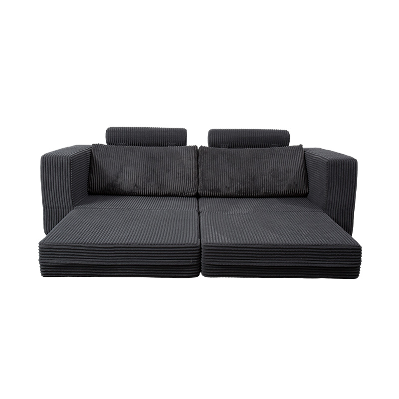 Nowoczesna rozkładana sofa z ciemnoszarego sztruksu z poduszkami, elastyczny układ modułowy