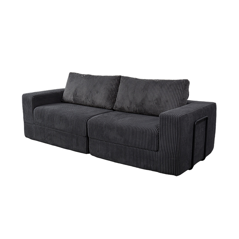 Nowoczesna rozkładana sofa z ciemnoszarego sztruksu z poduszkami, elastyczny układ modułowy