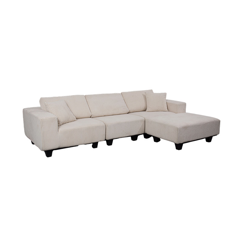 Duża narożna sofa w kształcie litery L ze sztruksu w kolorze złamanej bieli, o nowoczesnym, minimalistycznym designie Duża narożna sofa w kształcie litery L ze sztruksu w kolorze złamanej bieli, o nowoczesnym, minimalistycznym designie