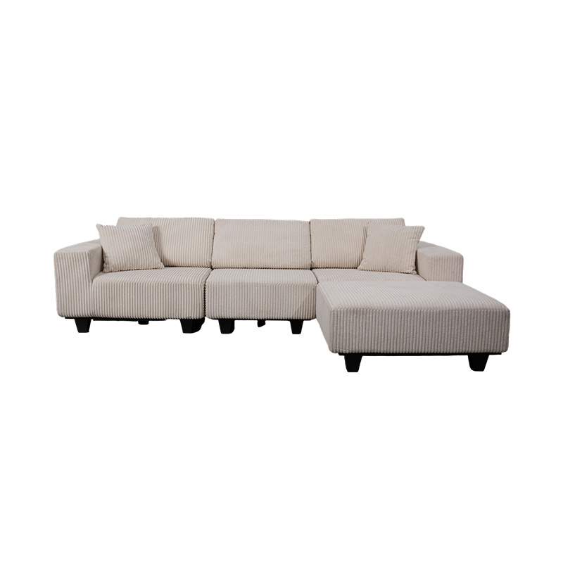 Duża narożna sofa w kształcie litery L ze sztruksu w kolorze złamanej bieli, o nowoczesnym, minimalistycznym designie